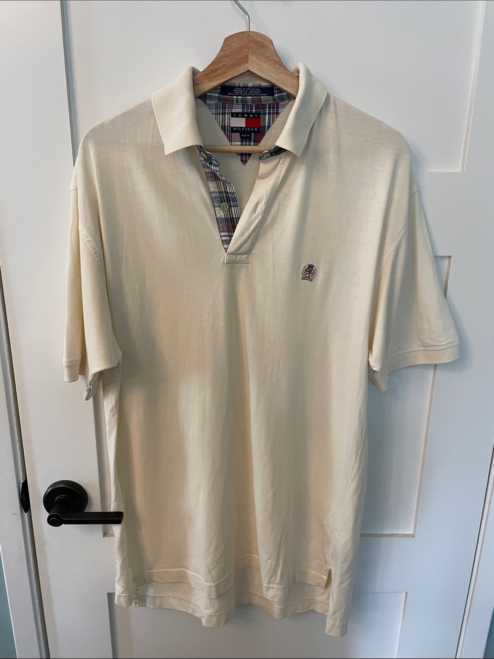 Tommy Hilfiger Cream Short-Sleeve Polo with Plaid Trim